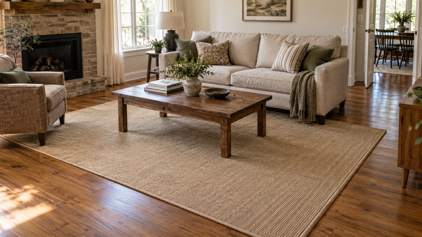 Area rug beneath a coffee table and the front feet of a sofa and chair