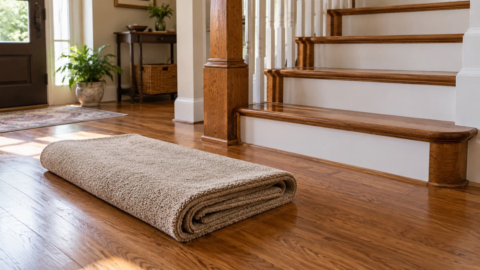 Folded carpet beside a wooden staircase for a possible runner