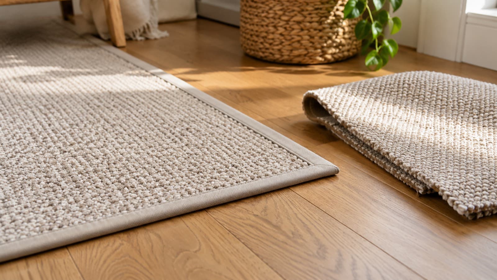 Bound carpet rug beside a separate unfinished remnant