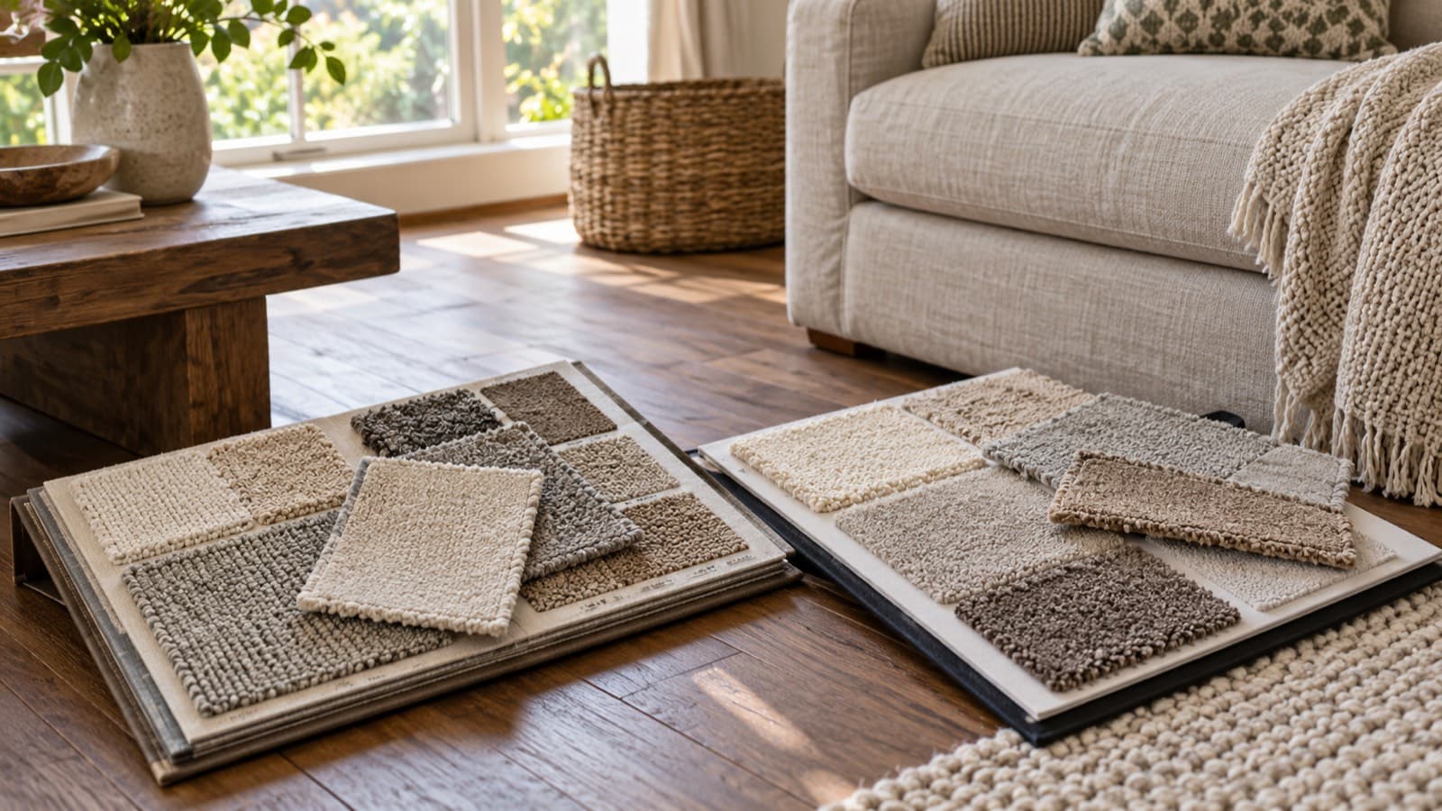 Carpet sample books laid out for comparison in a home