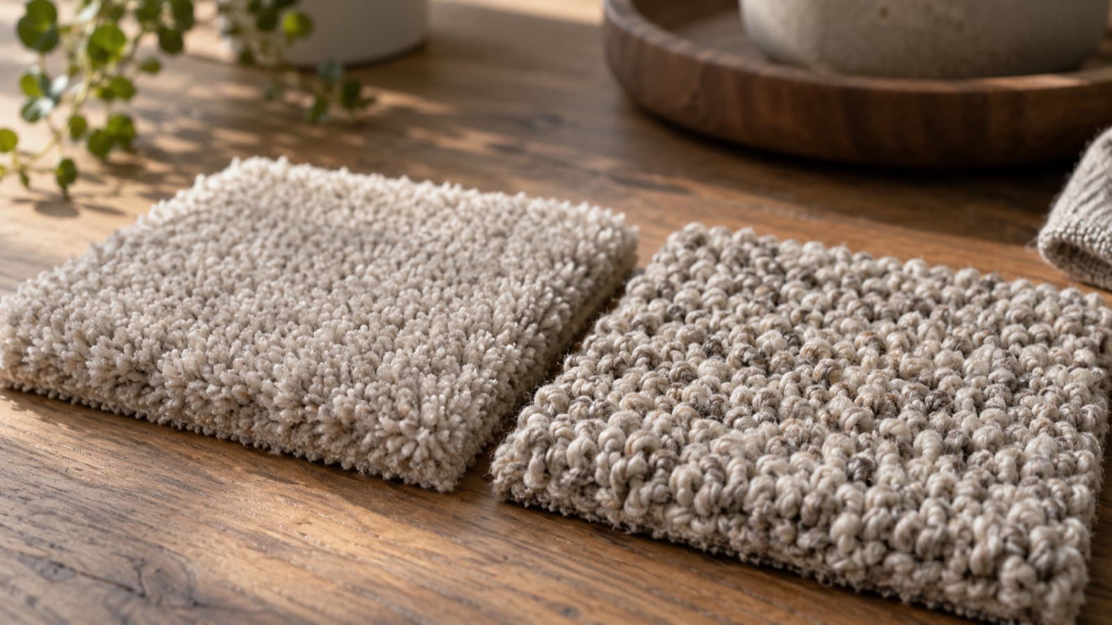 Smooth cut-pile and textured loop-pile carpet samples side by side