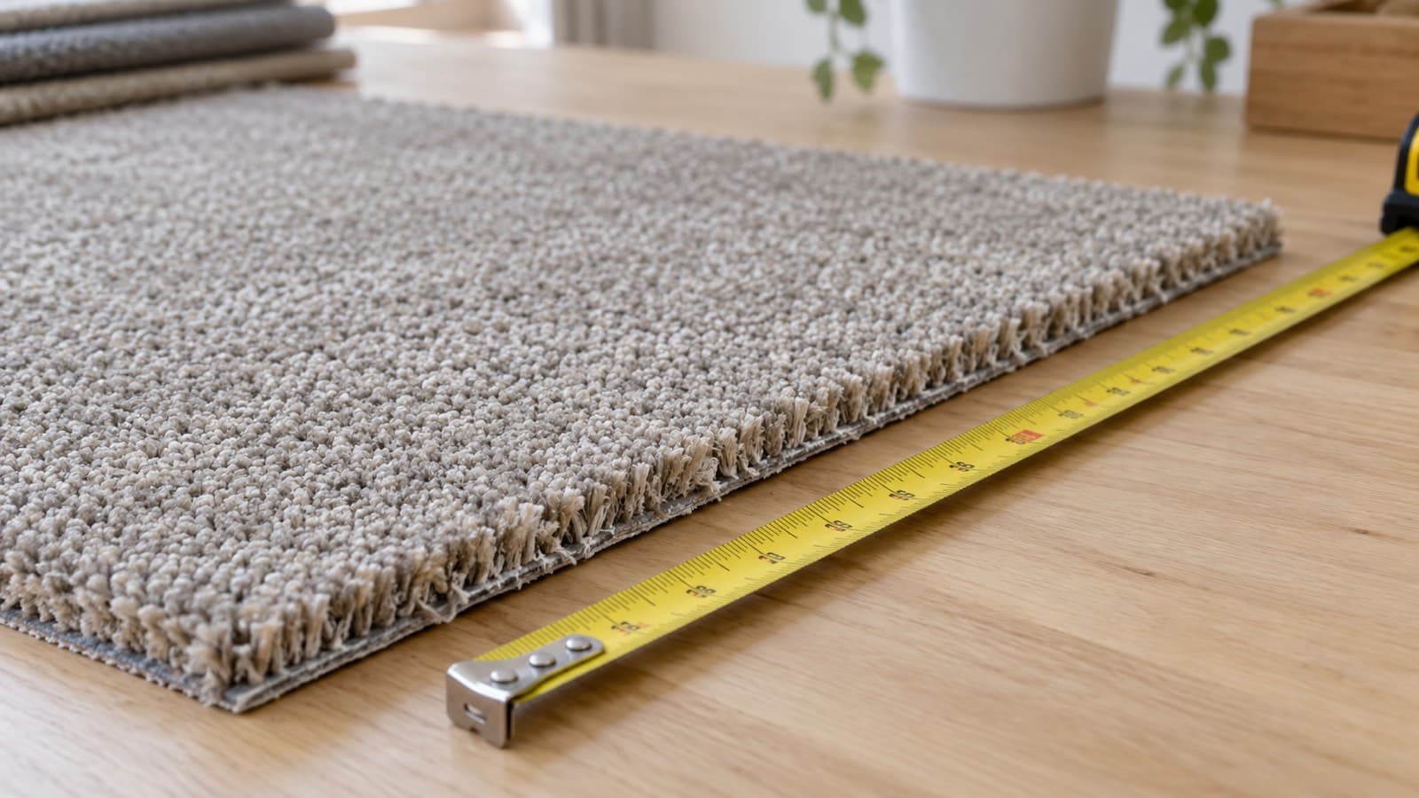 Measuring tape beside the exposed edge of a carpet piece