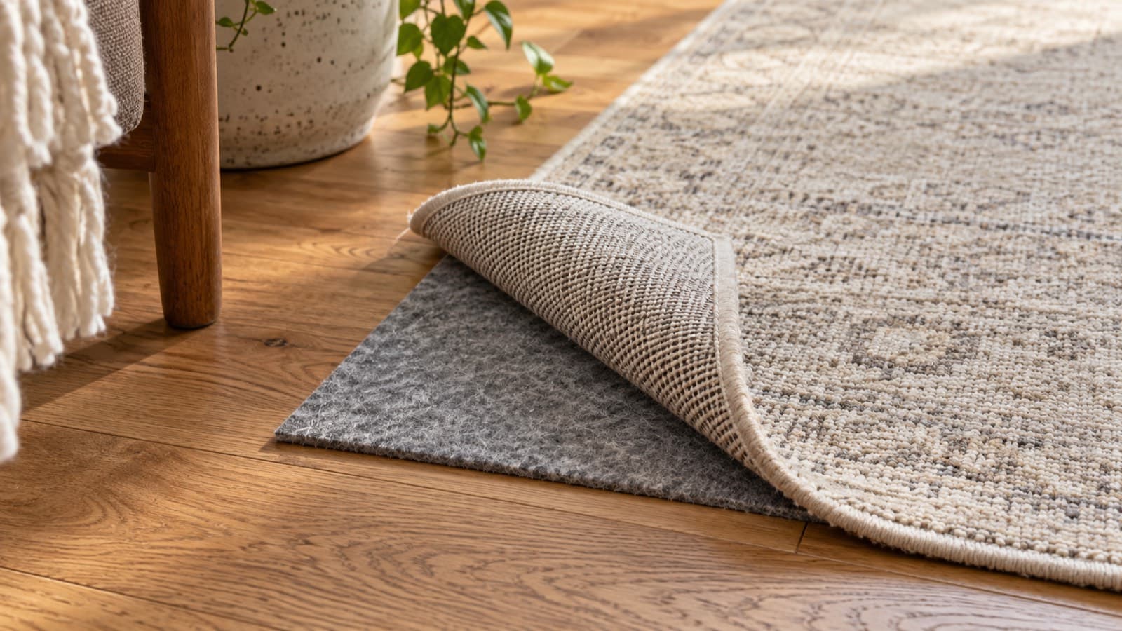 Lifted area-rug corner showing a separate pad on a wooden floor