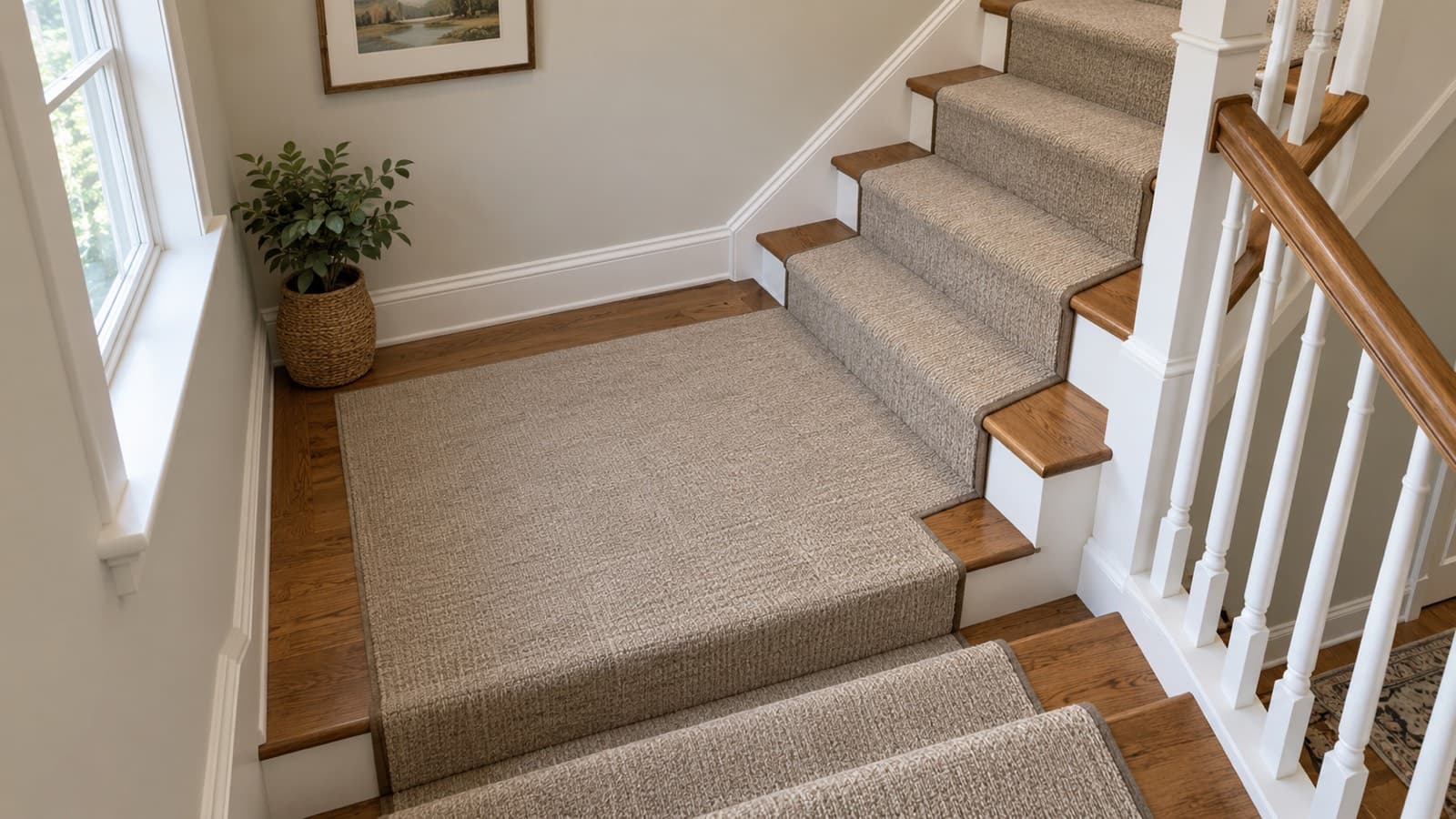 Carpet runner on a wooden staircase with a turning landing